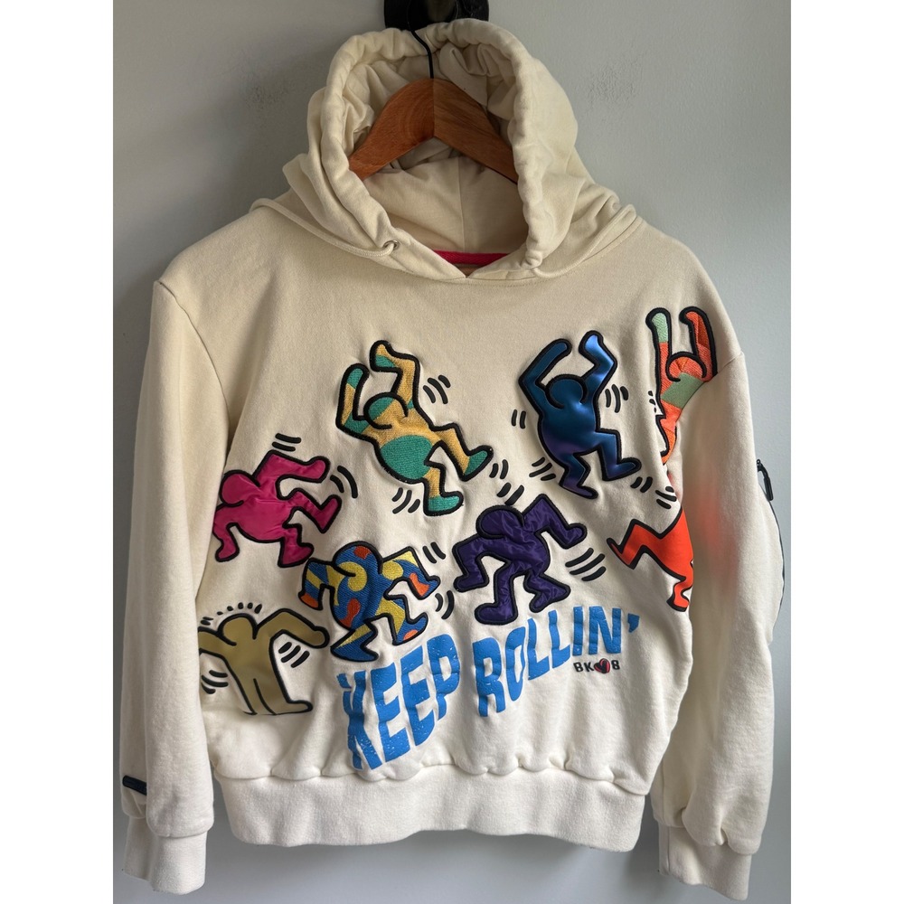 BKYS Keep Rollin Keith Haring Inspired Graphic Hoodie Cream Mens S Streetwear